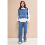 Cansın Mini Mavi Nakışlı Jean Süveterli Püsküllü Pantolonlu 3lü Kız Çocuk Jean Takım 23483 - 11 - 12 Yaş