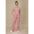 Cansın Mini Pembe V Yaka Düğmeli Yelekli Geniş Paça Pantolonlu Kız Çocuk 2li Takım 20724
