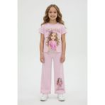 Cansın Mini Pudra Kız Karakter Baskılı Geniş Paça Pantolonlu 2li Kız Çocuk Takım 23803