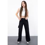 Cansın Mini Siyah Geniş Paça Beli Lastikli Kız Çocuk Jean Pantolon 20484