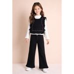 Cansın Mini Siyah Geniş Paça Pantolonlu Taş Detaylı 3lü Kız Çocuk Jean Takım 23739