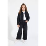 Cansın Mini Siyah Kelebek Nakışlı Düğmeli Ceketli Pantolonlu Kız Çocuk Jean Takım 23445 - 5 - 6 Yaş