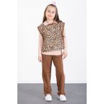 Cansın Mini Taba Leopar Desenli Süveterli Badili Kız Çocuk Pantolonlu 3lü Takım 20528 - 4 - 5 Yaş
