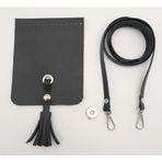Çanta Aksesuar Siyah Suni Deri Püskül Kapaklı Cep Telefonu Mini Bag Çanta Seti Gümüş Metal