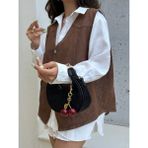Çanta Trend *** Siyah Süet Kadın Omuz Çantası Kiraz Charm Hediyeli