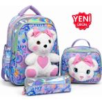 Çantaland Kız Çocuk Ilkokul Çantası 3’lü Set Peluş Detaylı Sırt Çantası Beslenme Çantası Kalemlik - Mavi - Yükseklik: 38 cm, Genişlik 28cm, Taban Derinliği 17 cm