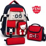 Çantaland Kore Model Ilkokul Okul Çantası 3’lü Set Su Geçirmez Sırt Çantası Beslenme Çantası Kalemlik - Lacivert - Yükseklik: 38 cm, Genişlik 30cm, Taban Derinliği 20 cm