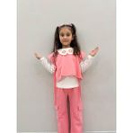 Capella Bebe Kız Çocuk Nar Çiçek Vintage Yaka Gömlek-Badi-Pantolon 3'lü Takım Kız Çocuk Bluz Gömlekli Pantolon - Nar Çiçeği - 6 Yaş