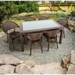 Capissi Rattan Masa Takımı 90X150 Camlı Masa 6 Kişilik Bambu Sandalye Seti Bahçe Balkon Teras Takımı - Kahverengi