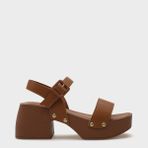 Capone Outfitters Dulce Kadın Sandalet Küt Burunlu Tek Bant Platform Topuklu Taba Suni Deri Orta Topuk