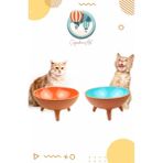 Cappadocia Pottery 2'li Ayaklı Kedi Köpek Çömlek Mama ve Su Kabı (Içi Sırlı, Organik) - Sarı