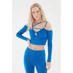 Çapraz Askılı Düşük Omuz Crop Bluz Mavi