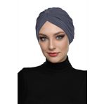 Çapraz Bantlı Koyu Gri Hazır Türban Tesettür Havuz Bonesi