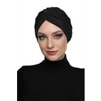 Çapraz Bantlı Siyah Hazır Türban Tesettür Havuz Bonesi