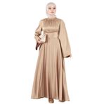 Çapraz Kuşaklı Saten Abiye Elbise-Bej