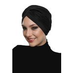 Çapraz Plise Siyah Hazır Türban Tesettür Havuz Bonesi