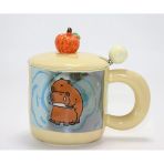 Capybara Desenli Kapaklı Kaşıklı Porselen Kupa Bardak
