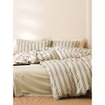 Caqqa Çizgili Naturel Striped Çocuk ve Genç Tek Kişilik Pamuk Lastikli Nevresim Takımı - 100 x 200 cm - Krem - Haki