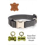 caramelos Hakiki Deri Köpek Boyun Tasması, Kişiye Özel Künyeli, Orta Irk, Büyük Irk, Lux Seri- Köpek Deri Gri-Tek Ebat