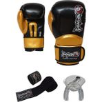 Carbon Dragon Boks Eldiveni Kick Boks Muaythai Müsabaka Antreman Boxing Boks Bandaj dişlik 3'lü set - Altın - Siyah - 10 oz