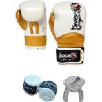 Carbon Dragon Boks Eldiveni Kick Boks Muaythai Müsabaka Antreman Boxing Boks Bandaj dişlik 3'lü set - Beyaz - Altın - 12 oz
