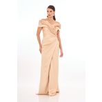 Carmen Gold Fırfırlı Yırtmaçlı Saten Abiye Elbise