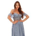 Carmen İndigo Volanlı Üstü Dantel Yırtmaçlı Abiye Elbise
