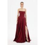 Carmen Kadın Yırtmaçlı Uzun Saten Abiye Elbise 58588 Bordo