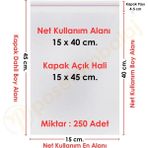 Carpcorn 15X40+5 CM. (15X45) 250 Adet Şeffaf Bantlı Yapışkanlı Opp Poşet