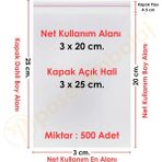Carpcorn 3X20+5 CM. (3X25) 500 Adet Şeffaf Bantlı Yapışkanlı Opp Poşet