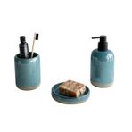 Cartri 3'lü Banyo Seti, Seramik, Mavi, Sıvı Sabunluk 18,5x8 cm, Diş Fırçalık 11x7 cm, Sabunluk 3x12 cm