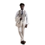 Carutte Slimfit Sivri Yaka Çift Pileli Dokulu Kumaş Yelek Kombinli Takım Elbise KREM 52-6 Drop