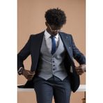 Carutte Slimfit Sivri Yaka Çift Pileli Dokulu Kumaş Yelek Kombinli Takım Elbise - Lacivert - 52 / 6