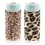 Casa-Eco Yumuşak Kadife Kumaş Neopren İnce Kutu Soğutucu, 340 ml İçecek Dar Kutu Kolları Kızlar, Düğün, Bekarlığa Veda Partisi, Etkinlikler, 2'li Paket (Leopar-Çita)