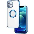 Case 4U iPhone 12 Kılıf Kamera Lens Korumalı Şeffaf Renkli Logo Gösteren Parlak Omega Kapak Açık Mavi