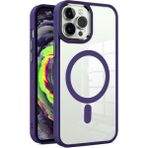 Case World Apple iPhone 14 Promax Kapak Mag Safe Özellikli Metal Kamera Korumalı Arkası Şeffaf Silikon Kılıf - Mor - iPhone 14 Pro Max
