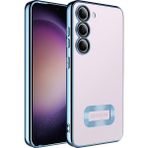 Caseart Samsung Galaxy S23 Kapak Yanları Renkli Lens Korumalı Logo Gösteren Şeffaf Luxury Silikon Kılıf - Mavi