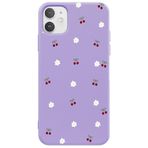 Casen iPhone 12 ile Uyumlu Mor Silikon Kılıf, Kiraz ve Çiçek Desenli, Kamera Korumalı