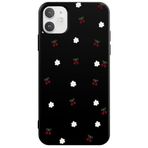 Casen iPhone 12 ile Uyumlu Siyah Silikon Kılıf, Kiraz ve Çiçek Desenli, Kamera Korumalı