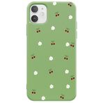 Casen iPhone 12 ile Uyumlu Yeşil Silikon Kılıf, Kiraz ve Çiçek Desenli, Kamera Korumalı