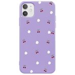 Casen iPhone 12 Mini ile Uyumlu Mor Silikon Kılıf, Kiraz ve Çiçek Desenli, Kamera Korumalı