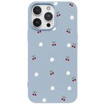 Casen iPhone 12 Pro Max ile Uyumlu Mavi Silikon Kılıf, Kiraz ve Çiçek Desenli, Kamera Korumalı