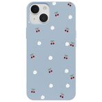 Casen iPhone 13 ile Uyumlu Mavi Silikon Kılıf, Kiraz ve Çiçek Desenli, Kamera Korumalı