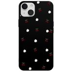 Casen iPhone 13 ile Uyumlu Siyah Silikon Kılıf, Kiraz ve Çiçek Desenli, Kamera Korumalı