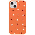Casen iPhone 13 Mini ile Uyumlu Turuncu Silikon Kılıf, Kiraz ve Çiçek Desenli, Kamera Korumalı