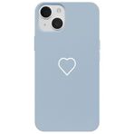 Casen iPhone 14 ile Uyumlu Mavi Silikon Kılıf, Beyaz Kalp Desenli, Kamera Korumalı
