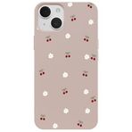 Casen iPhone 14 ile Uyumlu Pudra Silikon Kılıf, Kiraz ve Çiçek Desenli, Kamera Korumalı