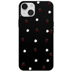 Casen iPhone 14 ile Uyumlu Siyah Silikon Kılıf, Kiraz ve Çiçek Desenli, Kamera Korumalı