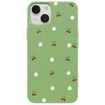 Casen iPhone 14 ile Uyumlu Yeşil Silikon Kılıf, Kiraz ve Çiçek Desenli, Kamera Korumalı