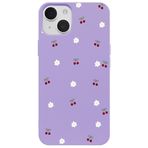 Casen iPhone 14 Plus ile Uyumlu Mor Silikon Kılıf, Kiraz ve Çiçek Desenli, Kamera Korumalı